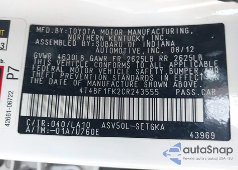 2012 Toyota Camry Xle из США, поврежденный, VIN 4T4BF1FK2CR243555